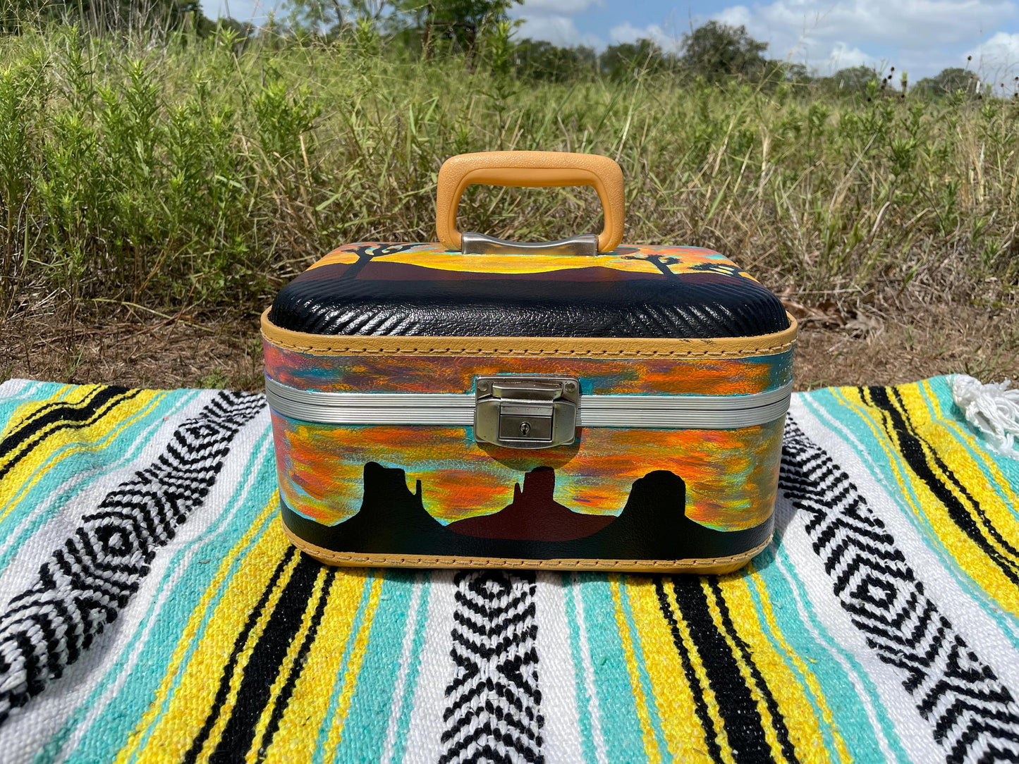 Custom Painted Vintage Train Case: Desert Cactus Scene Luggage
