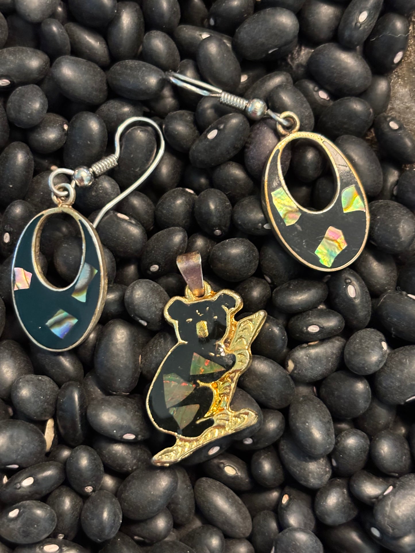 Black Dangle Earrings and Vintage Koala Bear Pendant Set