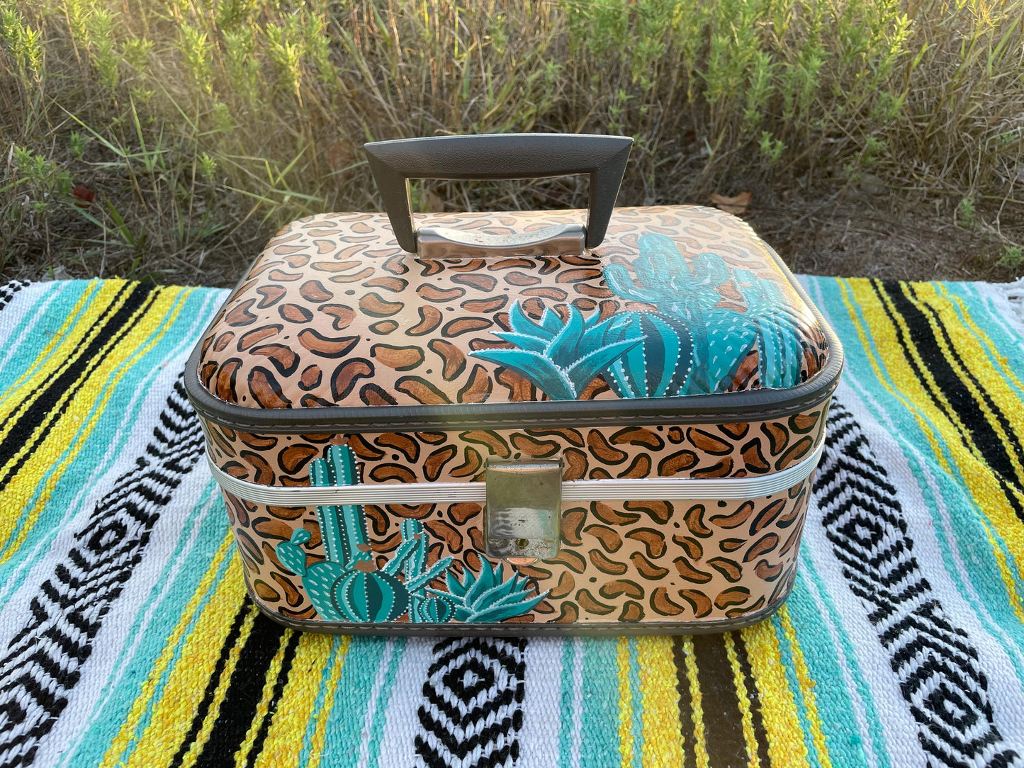 Custom Painted Vintage Train Case: Desert Cactus Scene Luggage