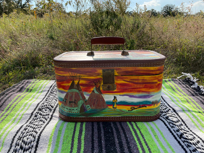 Custom Painted Vintage Train Case: Desert Cactus Scene Luggage