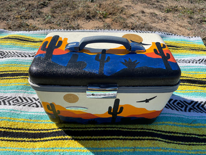 Custom Painted Vintage Train Case: Desert Cactus Scene Luggage