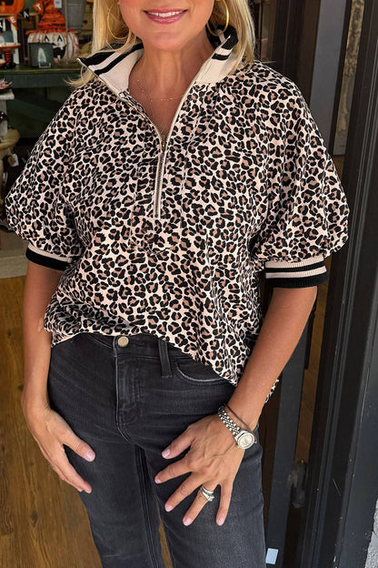 Brown Leopard Half Zip Stripe Trim Short Sleeve Top