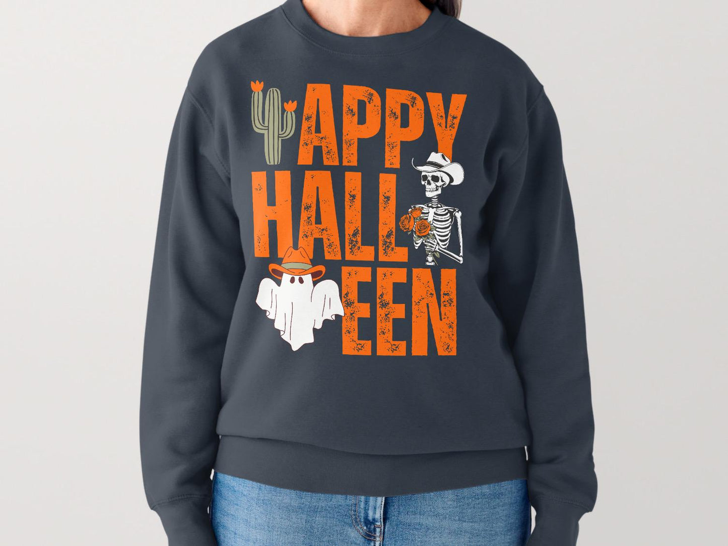 Retro Western Halloween Graphic, Ghost Cactus Skeleton (SVG, PNG)