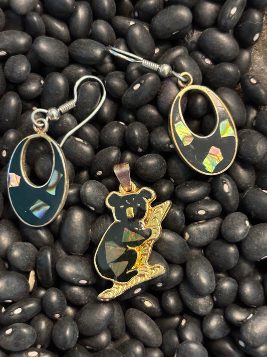 Black Dangle Earrings and Vintage Koala Bear Pendant Set