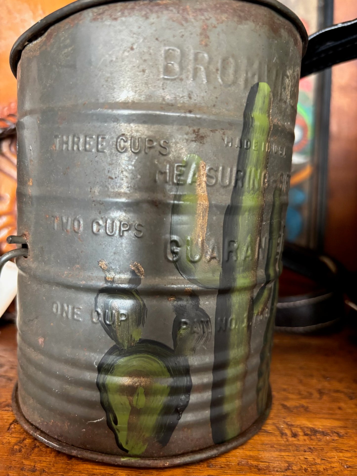 Hand Painted Antique Sifter with Cactus Design