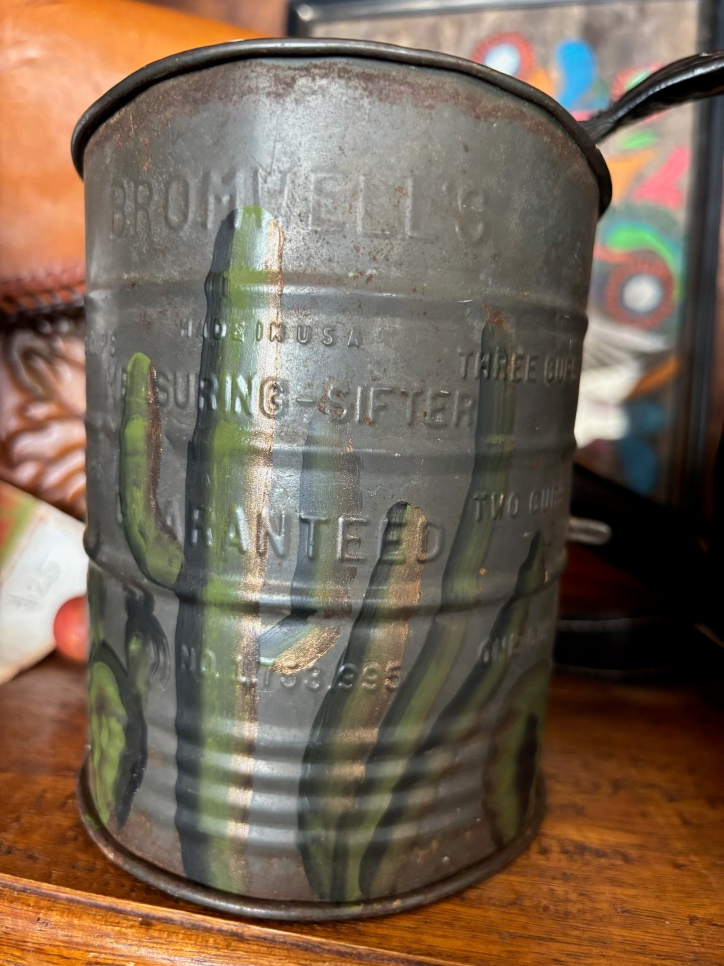 Hand Painted Antique Sifter with Cactus Design