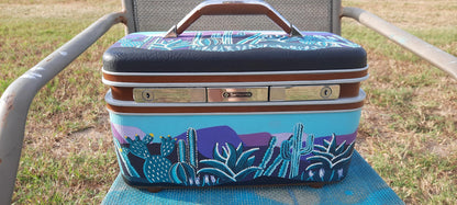 Custom Painted Vintage Train Case: Desert Cactus Scene Luggage