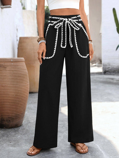 High Waist Wide Leg Tie Up Casual Pants