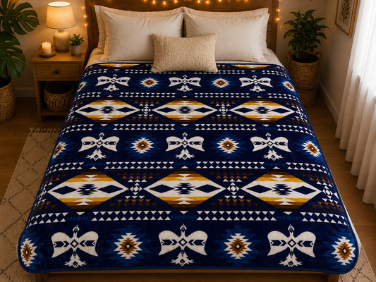 Navy Thunderbird 2 Ply Blanket – Native Tribal Style