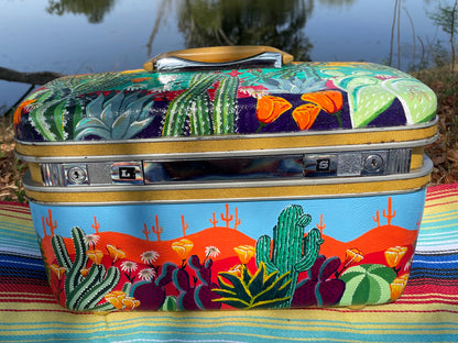 Custom Painted Vintage Train Case: Desert Cactus Scene Luggage